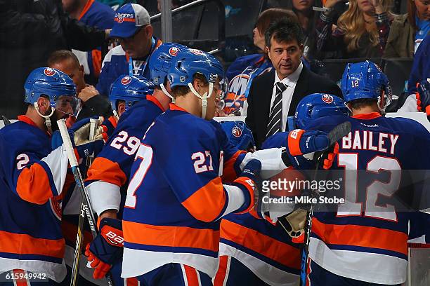 Head Coach Jack Capuano looks on against the San Jose Sharks at the Barclays Center on October 18, 2016 in Brooklyn borough of New York City. San...