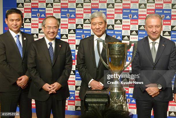 Japan - Japan men's soccer manager Alberto Zaccheroni and Japan women's soccer manager Norio Sasaki attend a press conference to unveil the teams'...