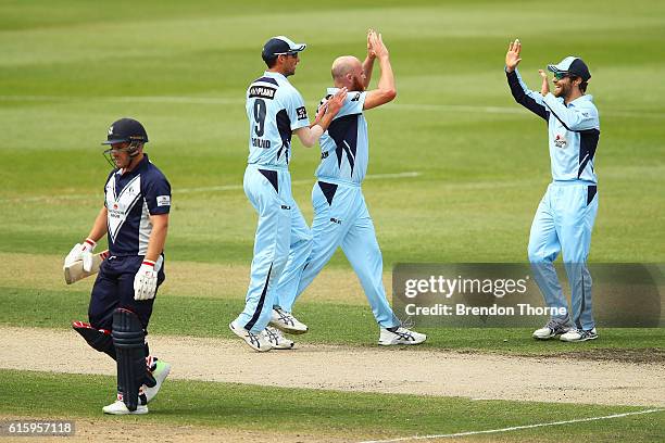 Doug Bollinger of the Blues celebrates with team mates after claiming the wicket of Aaron Finch of the Bushrangers during the Matador BBQs One Day...