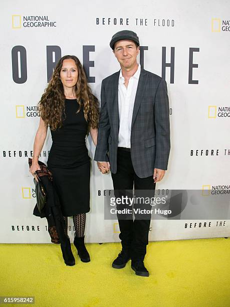 Shauna Robertson and Edward Norton attend National Geographic Channel hosts the New York City Premiere of "Before the Flood" at the United Nations on...
