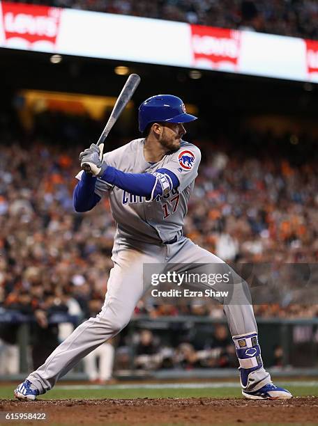 Kris Bryant of the Chicago Cubs bats against the San Francisco Giants during Game Four of the National League Division Series at AT&T Park on October...