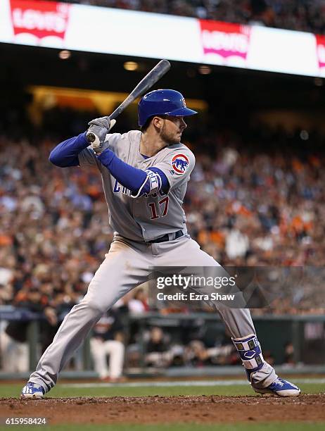 Kris Bryant of the Chicago Cubs bats against the San Francisco Giants during Game Four of the National League Division Series at AT&T Park on October...