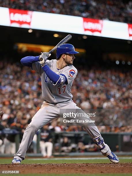 Kris Bryant of the Chicago Cubs bats against the San Francisco Giants during Game Four of the National League Division Series at AT&T Park on October...