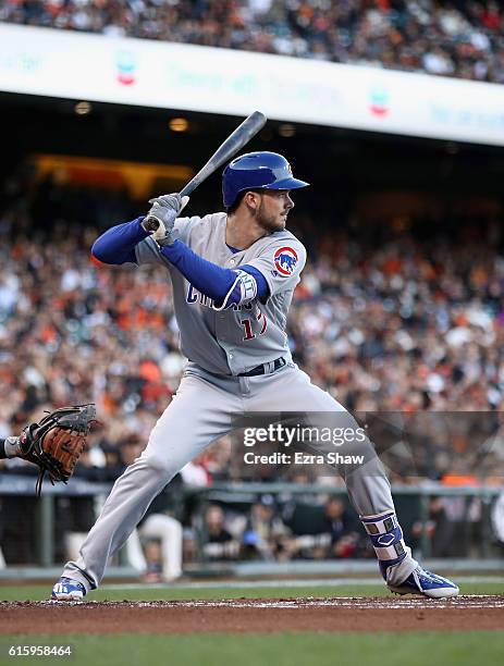 Kris Bryant of the Chicago Cubs bats against the San Francisco Giants during Game Four of the National League Division Series at AT&T Park on October...