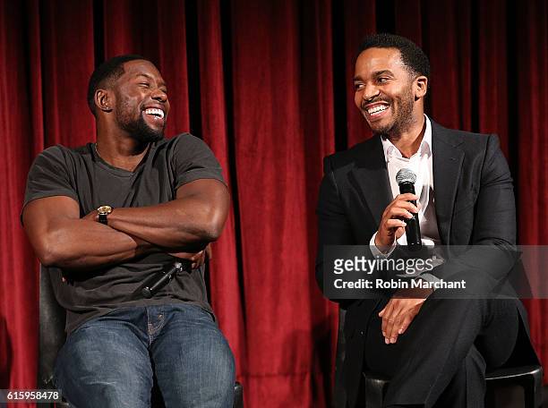 Actors Trevante Rhodes and Andre Holland attend The Academy of Motion Picture Arts and Sciences hosts an Official Academy screening of MOONLIGHT at...