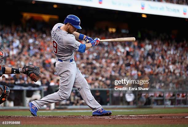 Ben Zobrist of the Chicago Cubs bats against the San Francisco Giants during Game Four of the National League Division Series at AT&T Park on October...