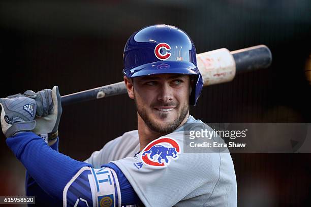Kris Bryant of the Chicago Cubs gets ready to bat against the San Francisco Giants during Game Four of the National League Division Series at AT&T...