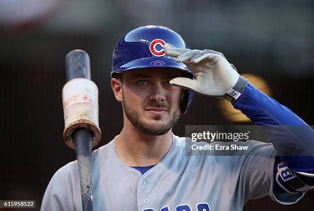 Kris Bryant of the Chicago Cubs gets ready to bat against the San Francisco Giants during Game Four of the National League Division Series at AT&T...