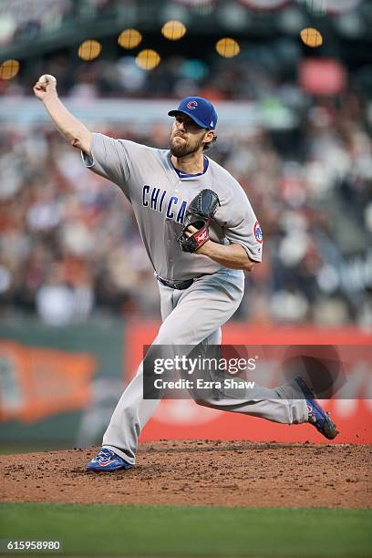 John Lackey of the Chicago Cubs pitches against the San Francisco Giants during Game Four of the National League Division Series at AT&T Park on...