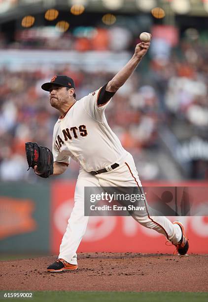 Matt Moore of the San Francisco Giants pitches against the Chicago Cubs during Game Four of the National League Division Series at AT&T Park on...