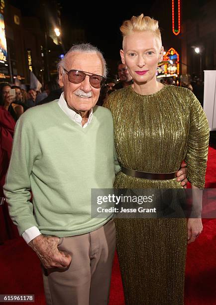 Executive producer Stan Lee and Actress Tilda Swinton, wearing Haider Ackermann, attend The Los Angeles World Premiere of Marvel Studios "Doctor...