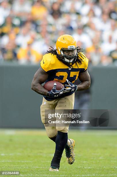 Eddie Lacy carries the ball against the Dallas Cowboys during the game on October 16, 2016 at Lambeau Field in Green Bay, Wisconsin. The Cowboys...