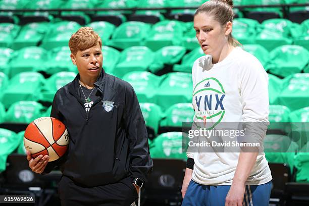 Lindsay Whalen of the Minnesota Lynx and Assistant Coach Shelley Patterson are seen before the game against the Los Angeles Sparks in Game Five of...