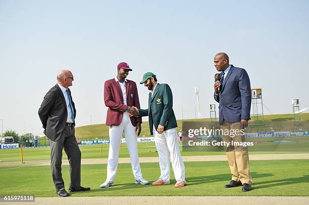 Captians Jason Holder and Misbah ul Haq shaking hands during Day One of the Second Test between Pakistan and the West Indies at the Zayed Cricket...