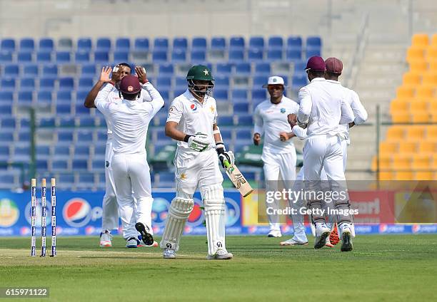 Ali Azhar leaves the ground after being bowled by Shannon Gabriel during Day One of the Second Test between Pakistan and the West Indies at the Zayed...