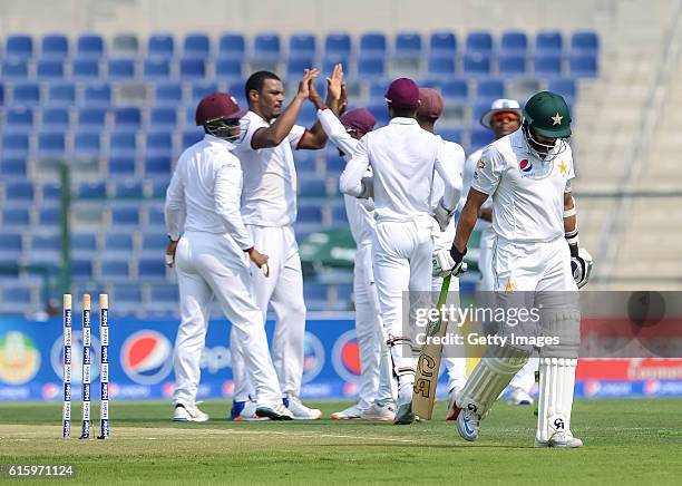 Ali Azhar leaves the ground after being bowled by Shannon Gabriel during Day One of the Second Test between Pakistan and the West Indies at the Zayed...