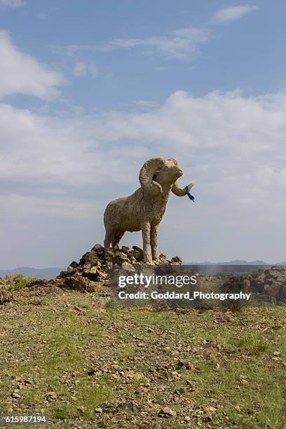 mongolia: hilltop statue at khanbogd ger camp - argali stock pictures, royalty-free photos & images
