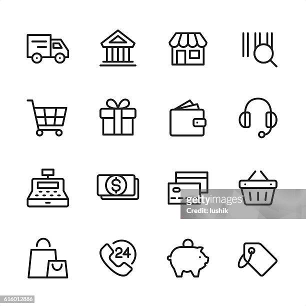 einkaufen - umrissstil-vektorsymbole - einkaufskorb stock-grafiken, -clipart, -cartoons und -symbole