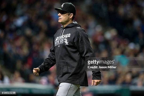 Manager Robin Ventura of the Chicago White Sox leaves the field during the seventh inning against the Cleveland Indians at Progressive Field on...