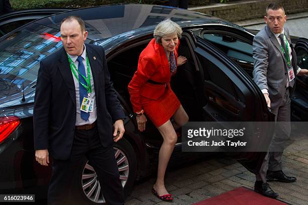 British Prime Minister Theresa May arrives at the Council of the European Union on the second day of a two day summit on October 21, 2016 in...