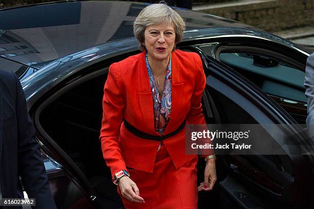 British Prime Minister Theresa May arrives at the Council of the European Union on the second day of a two day summit on October 21, 2016 in...