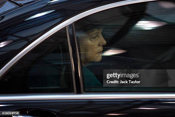 German Chancellor Angela Merkel arrives at the Council of the European Union on the second day of a two day summit on October 21, 2016 in Brussels,...