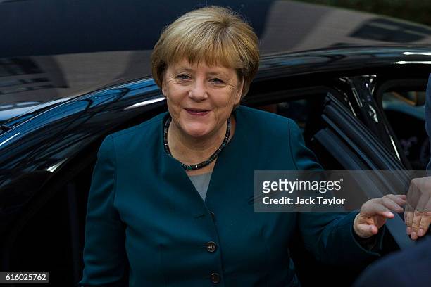 German Chancellor Angela Merkel arrives at the Council of the European Union on the second day of a two day summit on October 21, 2016 in Brussels,...