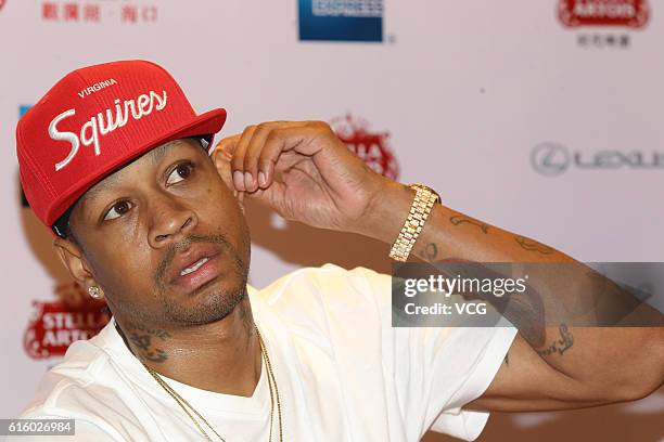 Former NBA star Allen Iverson attends the press conference of 2016 Mission Hills World Celebrity Pro-Am on October 21, 2016 in Haikou, Hainan...