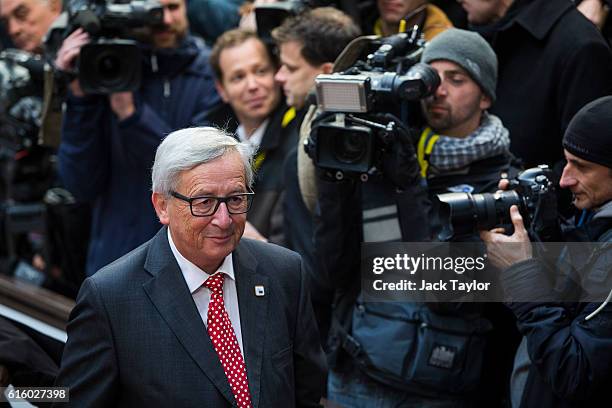 President of the European Commission Jean-Claude Juncker arrives at the Council of the European Union on the second day of a two day summit on...