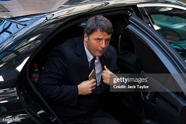 Italian Prime Minister Matteo Renzi arrives at the Council of the European Union on the second day of a two day summit on October 21, 2016 in...