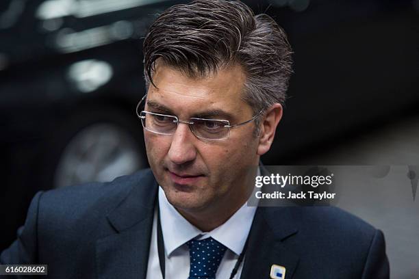 Prime Minister of Croatia Andrej Plenkovic arrives at the Council of the European Union on the second day of a two day summit on October 21, 2016 in...