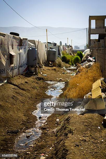 Bar Elias, Lebanon Sewer next to a tent city in a refugee camp in the Bekaa plain on October 06, 2016 in Bar Elias, Lebanon.