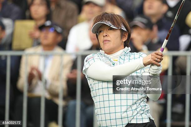 Hiroko Fukushima of Japan hits her tee shot on the 1st hole during the third round of the Nobuta Group Masters GC Ladies at the Masters Golf Club on...