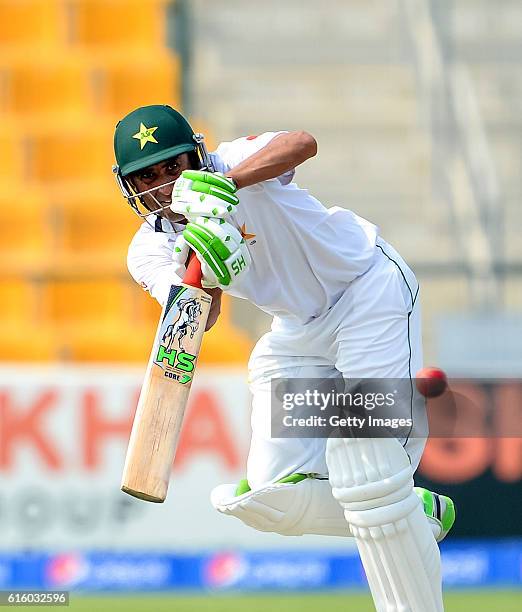 Younis Khan bats during Day One of the Second Test between Pakistan and the West Indies at the Zayed Cricket Stadium on October 21, 2016 in Abu...