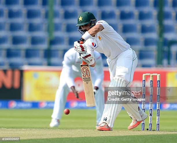 Misbah ul Haq bats during Day One of the Second Test between Pakistan and the West Indies at the Zayed Cricket Stadium on October 21, 2016 in Abu...