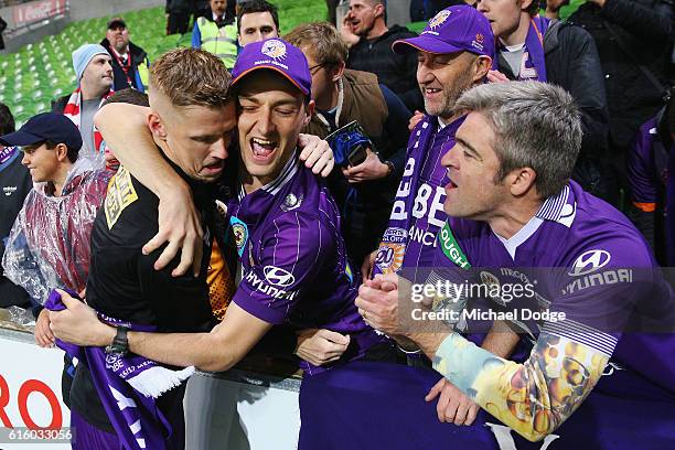 Andy Keogh of the Glory celebrates the win with fans during the round three A-League match between Melbourne City FC and Perth Glory at AAMI Park on...