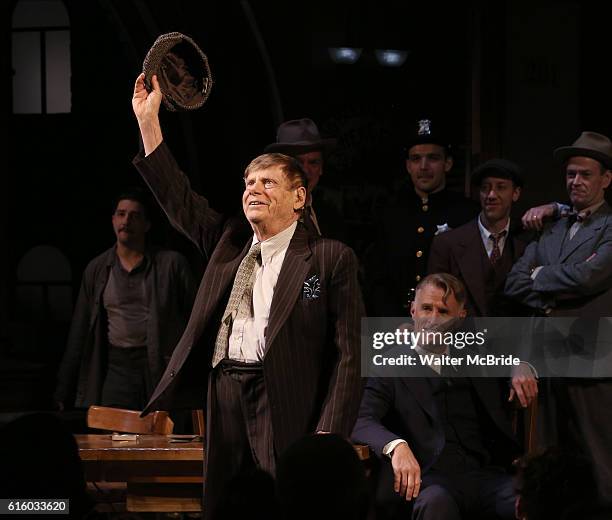 Robert Morse and John Slattery during the Broadway Opening Night performance curtain call bows for "The Front Page" at the Broadhurst Theatre on...