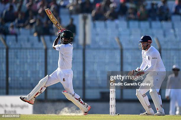 Tamin Iqbal of Bangladesh bats during day two of the first Test between Bangladesh and England at Zohur Ahmed Chowdhury Stadium on October 21, 2016...