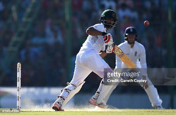 Tamin Iqbal of Bangladesh bats during day two of the first Test between Bangladesh and England at Zohur Ahmed Chowdhury Stadium on October 21, 2016...