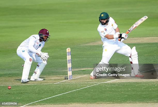 Misbah Ul Haq bats during Day One of the Second Test between Pakistan and the West Indies at the Zayed Cricket Stadium on October 21, 2016 in Abu...