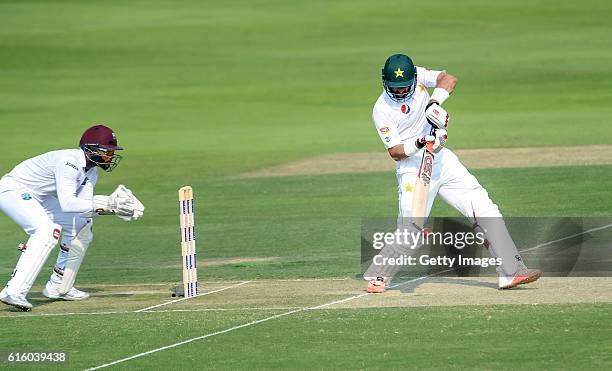 Mishbah Ul Haq bats during Day One of the Second Test between Pakistan and the West Indies at the Zayed Cricket Stadium on October 21, 2016 in Abu...