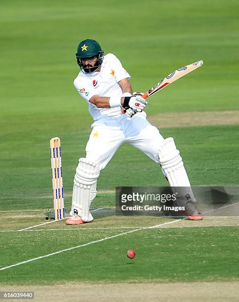 Misbah Ul Haq bats during Day One of the Second Test between Pakistan and the West Indies at the Zayed Cricket Stadium on October 21, 2016 in Abu...