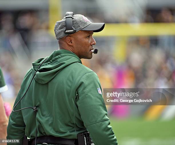 Wide receivers coach Karl Dorrell of the New York Jets looks on from the sideline during a game against the Pittsburgh Steelers at Heinz Field on...