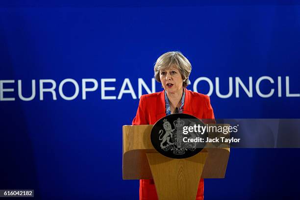 British Prime Minister Theresa May speaks during a press conference at the Council of the European Union on the second day of a two day summit on...