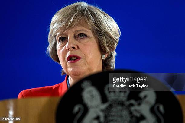 British Prime Minister Theresa May speaks during a press conference at the Council of the European Union on the second day of a two day summit on...