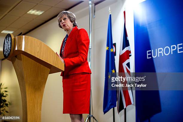 British Prime Minister Theresa May speaks during a press conference at the Council of the European Union on the second day of a two day summit on...