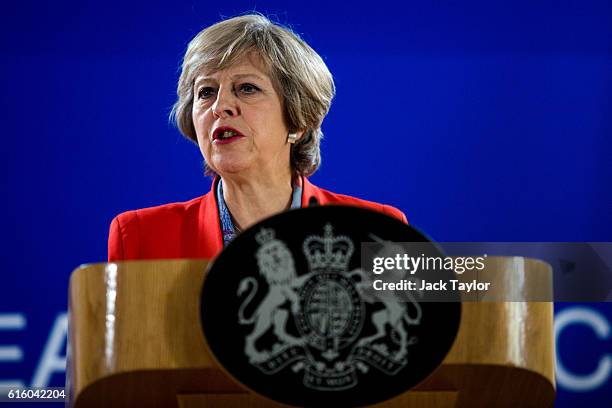 British Prime Minister Theresa May speaks during a press conference at the Council of the European Union on the second day of a two day summit on...