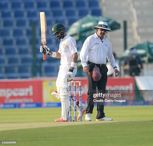 Misbah Ul Haq celebrates his half century during Day One of the Second Test between Pakistan and the West Indies at the Zayed Cricket Stadium on...