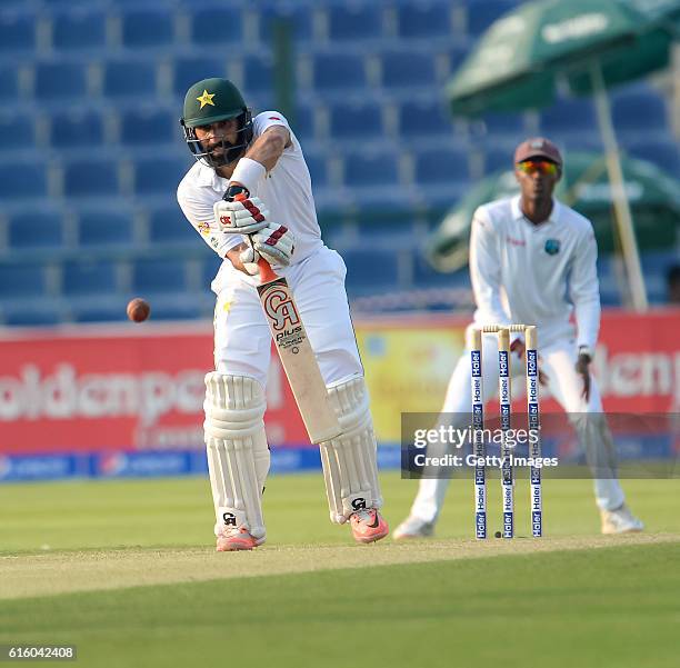 Misbah Ul Haq bats during Day One of the Second Test between Pakistan and the West Indies at the Zayed Cricket Stadium on October 21, 2016 in Abu...