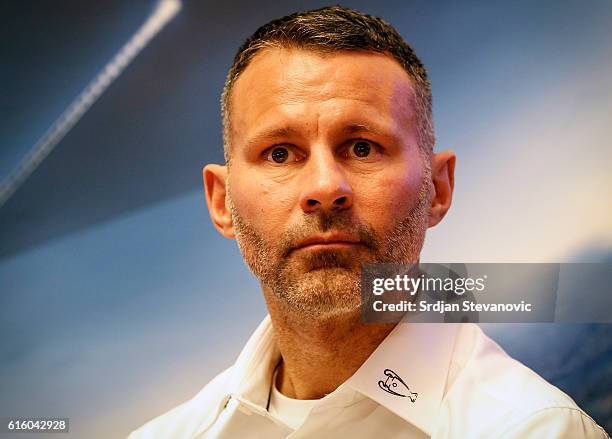 Ryan Giggs looks on during the UEFA Champions League Trophy Tour - by UniCredit press conference at UniCredit Head Quoters on October 21, 2016 in...